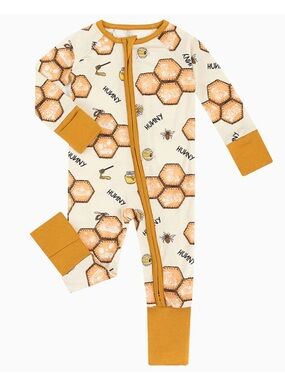 Honeycomb & Bees Footie One-Piece with Mustard Trim